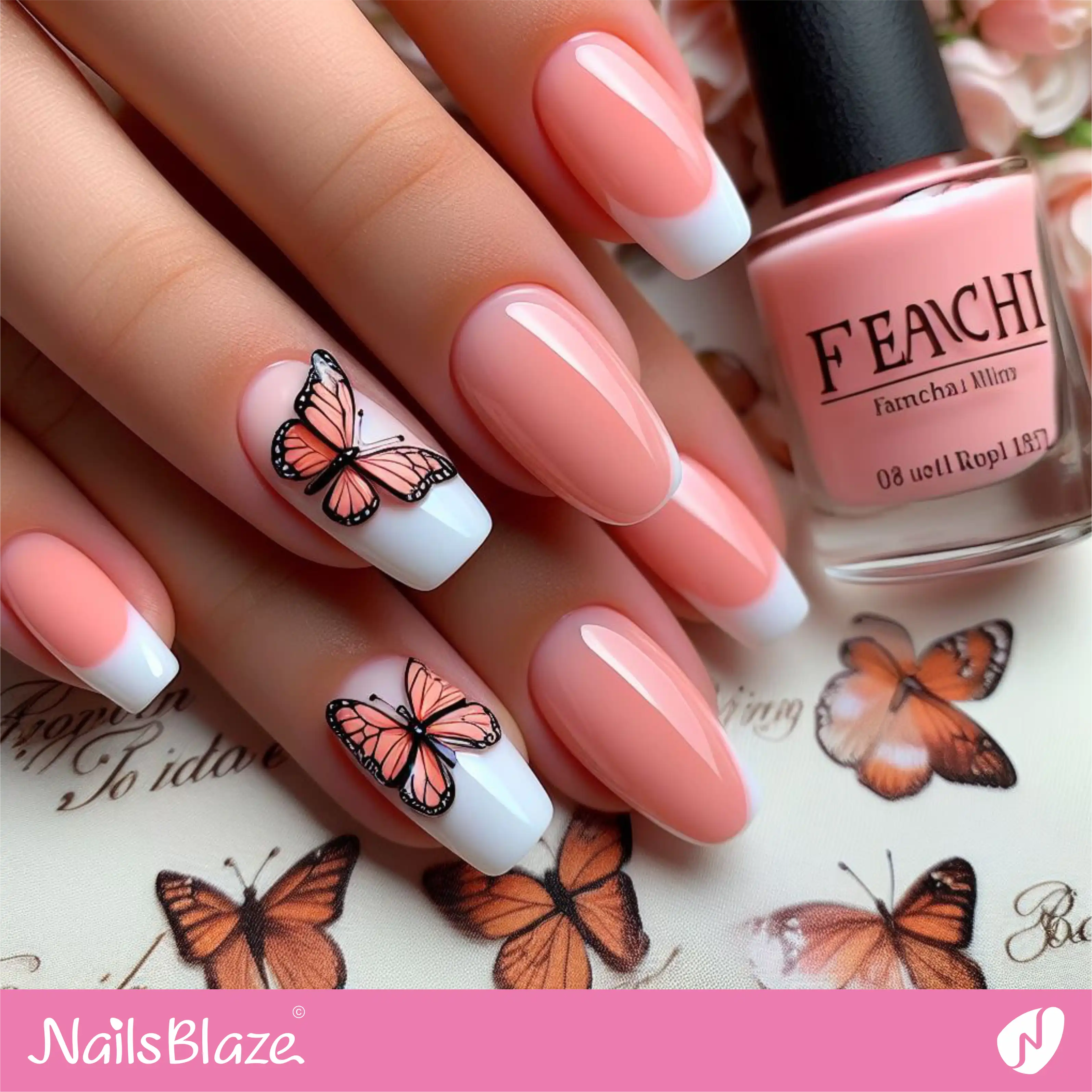Peach Fuzz Glossy Nails with Butterfly | Color of the Year 2024 - NB1794